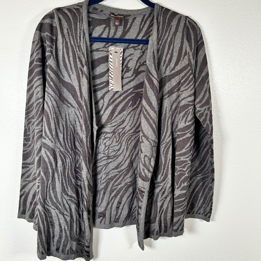 Dana Buchman Gray Black Zebra Print Open‎ Front Cardigan Sweater Size S New